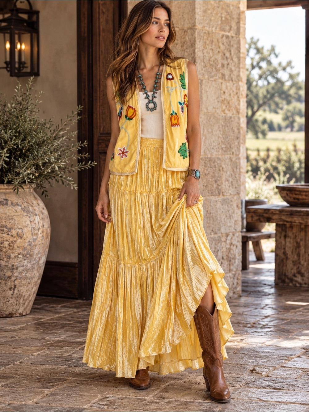 Double D Ranchwear NWT Velvet Maxi Skirt Embroidered Vest Western Set NFR